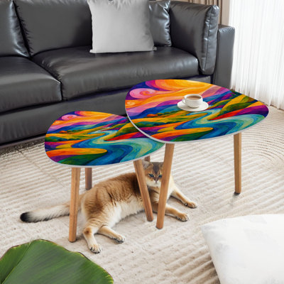 Triangle Nesting Coffee Table Set of 2 Vibrant Abstract Landscape Flowing River Colorful Sunset Sky End Table Modern Minimalist Side Table Set for Living Room Bedroom