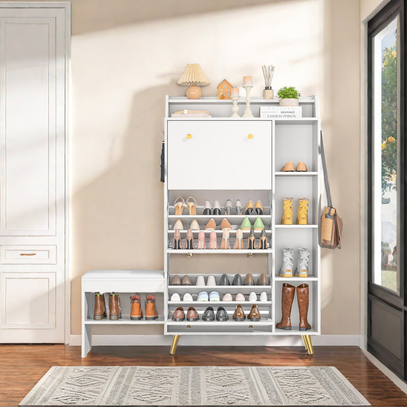All-In-One Shoe Storage Cabinet And Shoe-Changing Bench With Hidden Storage And Display Shelves, White