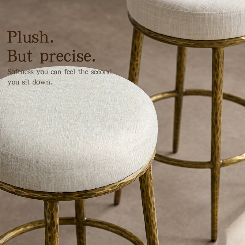 26.5" Modern Glam Backless Counter Height Bar Stool With Hand-Hammered Metal Legs And Linen-Blend Upholstered Seat, Set Of 3