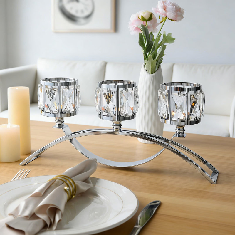 3-Arm Arched Crystal Candelabra Centerpiece - Elegant Table Decor For Weddings, Dining Room, And Home Decoration, 6