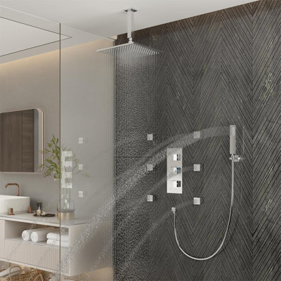 3-Function Luxury Ceiling Mount 12 Inch LED Thermostatic Shower System with 6 Body Jets -  CASAINC, CS6218-12CH