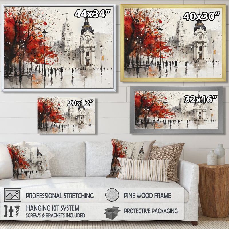 «Vibrant Madrid Streets In Autumn I», art mural de Madrid, H 12 po x l 20 po, Noir