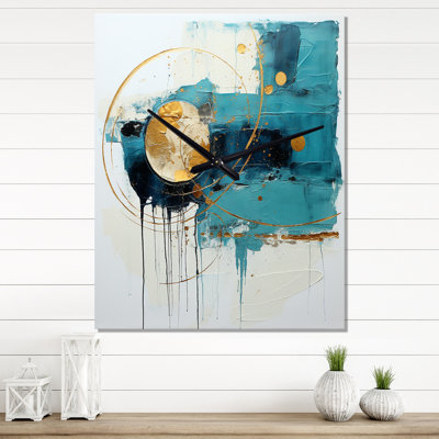 Celestial Delight Abstract In Turquoise And Gold - Abstract Painting Wall Clock
