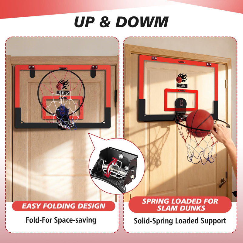 Panier de basketball 24 "x 16" avec ventouses et crochets au-dessus de la porte, tableau de pointage électronique, son et 3 balles Cyfie