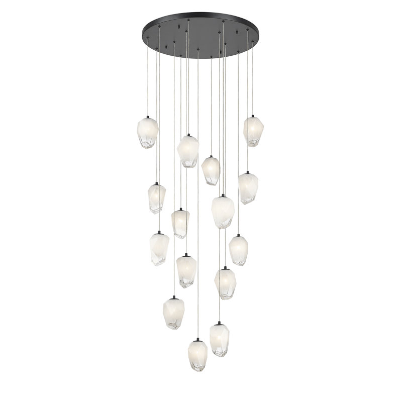 15-Light Black Chandelier With White Glass Pendants, Matte Black