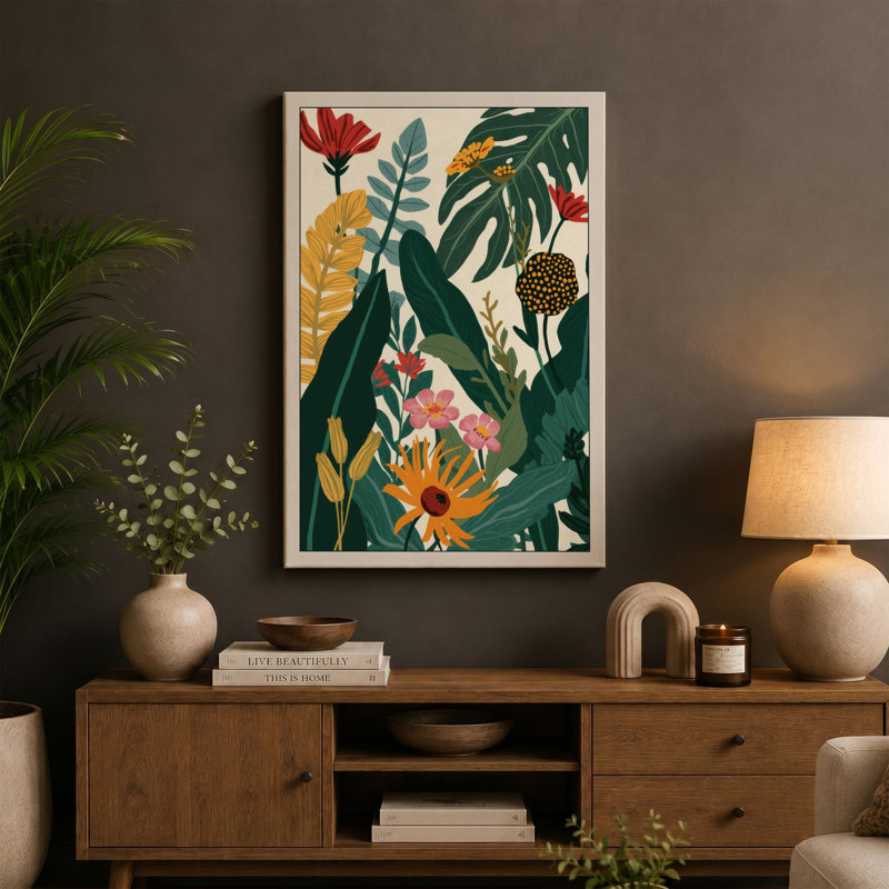 Tropical Garden Dense Botanical - Wrapped Canvas, 30x20 - 76.2 x 50.8 cm, Taupe Border