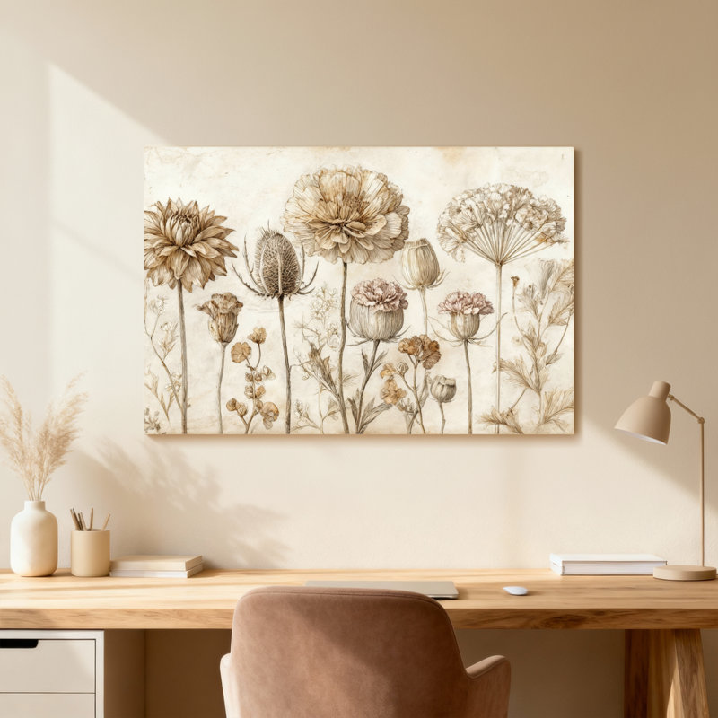 Plantes et fleurs, impression botanique rétro sépia, H 16 po x l 24 po, Toile tendue, Ne s’applique pas