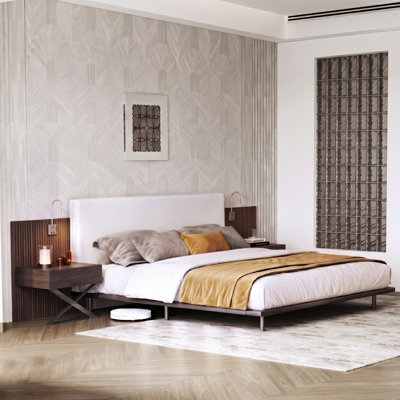 Modern King Upholstered Platform Bed with Extra-Wide Headboard, Built-In Nightstands, Reading Lamps & LED Light Strip
