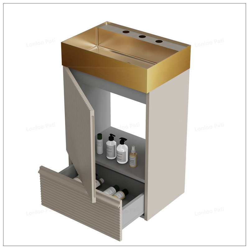 Meuble-lavabo à rayures 20 po avec lavabo et tiroir en acier inoxydable, Gris, Doré