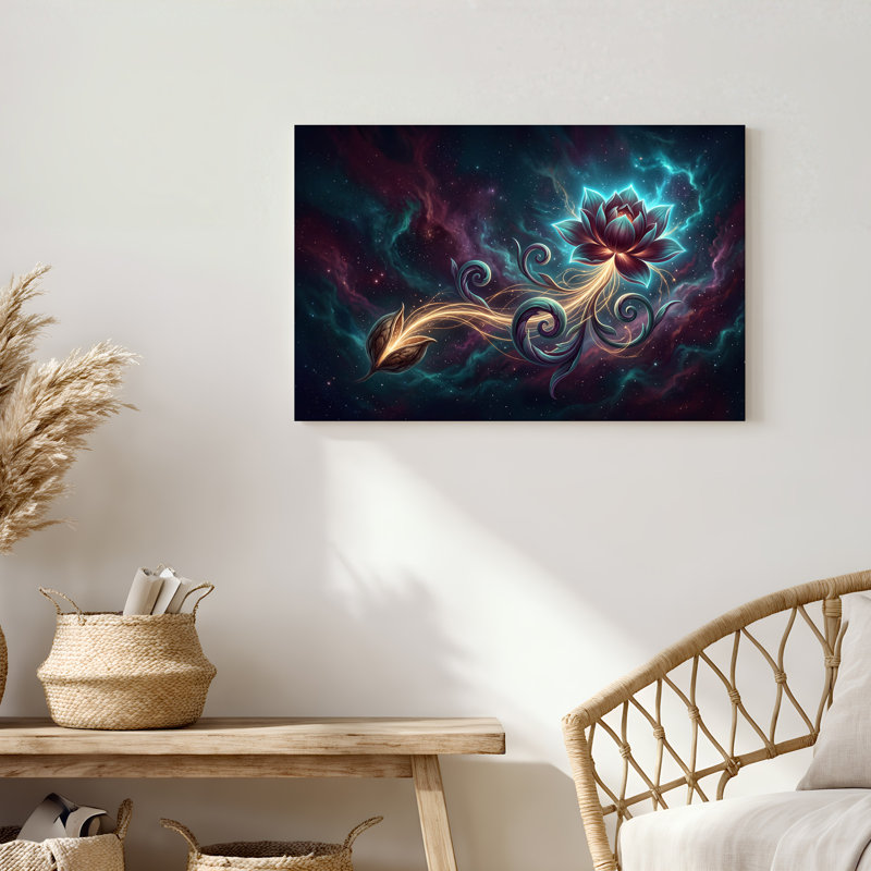 Toile de lotus rougeoyante dans une nébuleuse cosmique, art mural, 16"H x 24"W