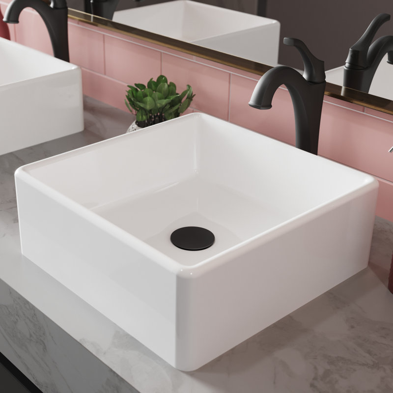 KRAUS Elavo Square White Porcelain Ceramic Bathroom Vessel Sink and Faucet Combo with Pop-Up Drain, Matte Black