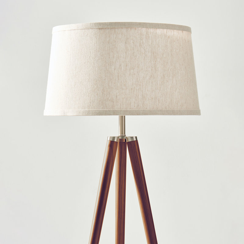 Emma 61 in. Mid-Century Modern LED Energy-Efficient Floor Lamp with Fabric Drum Shade and Tripod Wooden Legs, Brown