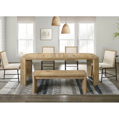 Contemporary 6pc Dining , Rectangular Extendable Table, 4 Upholstered Side Chairs, Bench, Solid Wood Frame, Beige - Colored Seats Rustic Modern Table