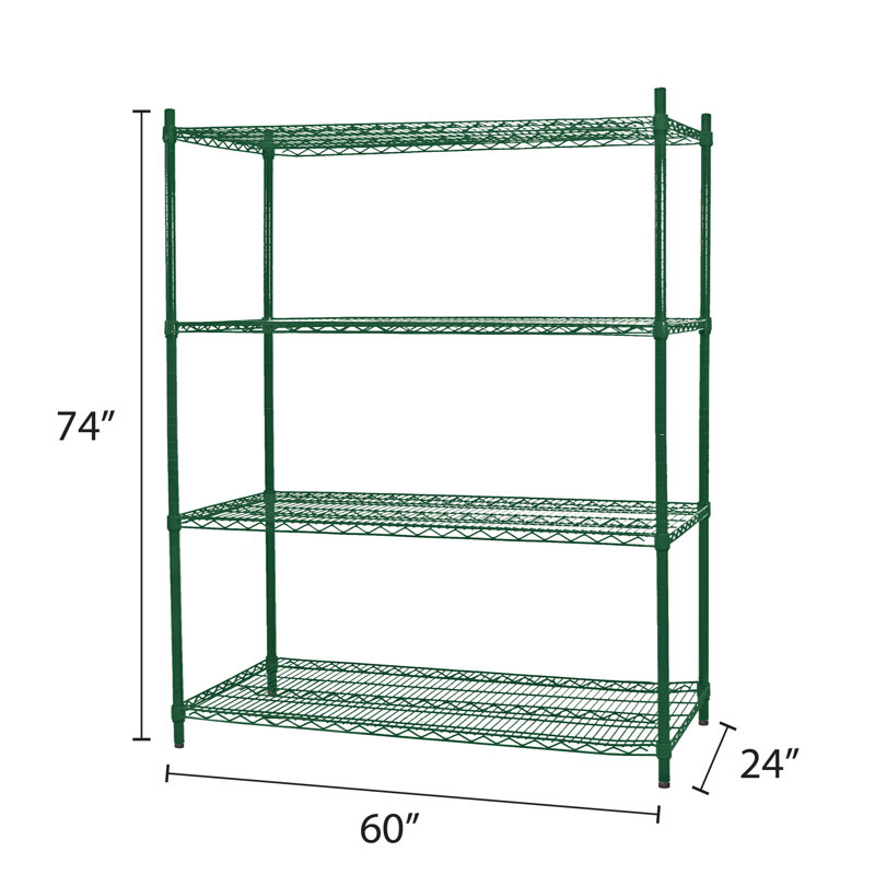 Tablettes en fil avec 4 couches avec poteau, H 74 po x l 60 po x P 24 po, Époxy vert