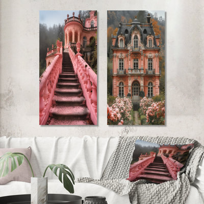 «Pink Castle Floral Royal Retreat I - Chateau», ensemble d'art mural en métal 2 impressions