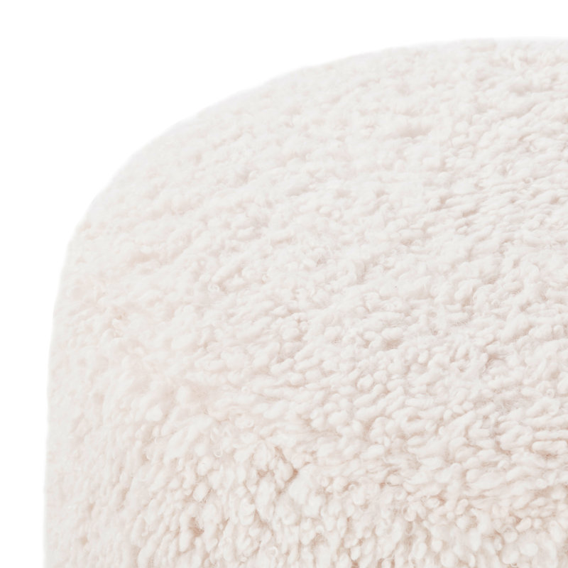 Risco 22.5" Wide Round Footstool Ottoman, Ivory Sherpa, Espresso Oak
