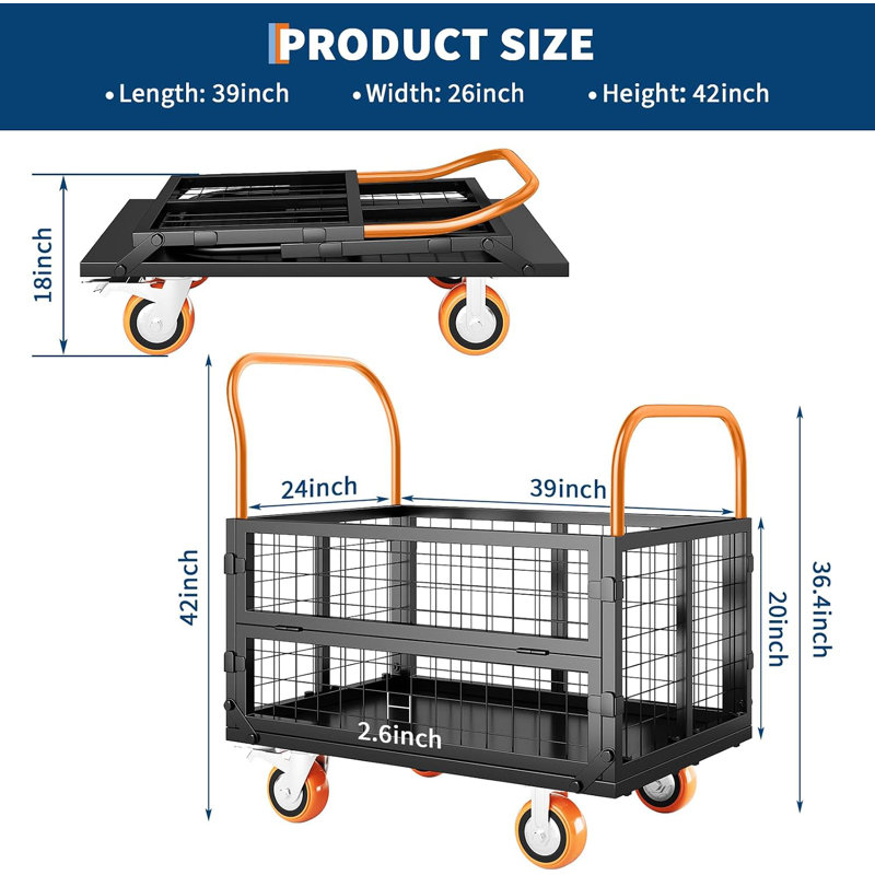 Chariot de plate-forme 1800lbs avec cage, chariot à plat robuste et pliable 6-en-1