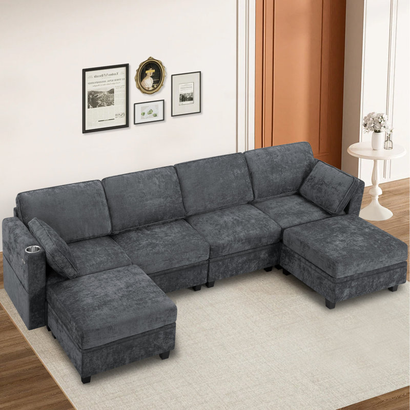 Canapé modulaire en U de 110 po avec dossiers réglables, canapé modulaire à 6 places avec grand espace de rangement, canapé rembourré en chenille avec port USB et porte-gobelets pour le salon, la chambre à coucher