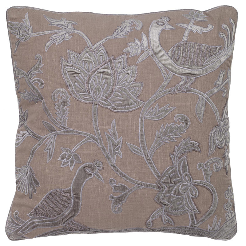 Velvet Applique Embroidered Feather Down Fill Pillow Cover & Insert, Gray
