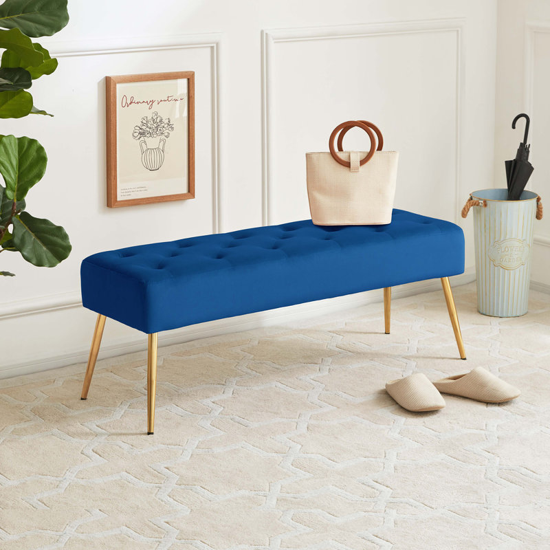Aghvarth Versatile Tufted Velvet Bench with Gold Metal Legs, Dark Blue Velvet