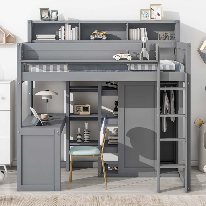 Lit mezzanine simple en bois avec plusieurs tablettes de rangement, une armoire et un bureau intégré pour économiser de l'espace et une utilisation multifonctionnelle (matelas non inclus)