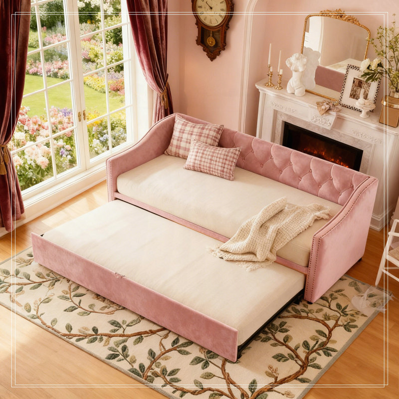 Upholstered daybed with Pop Up Trundle, Pink