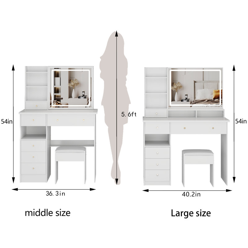 41" Vanity Table With LED Mirror And Storage For Large Space, White