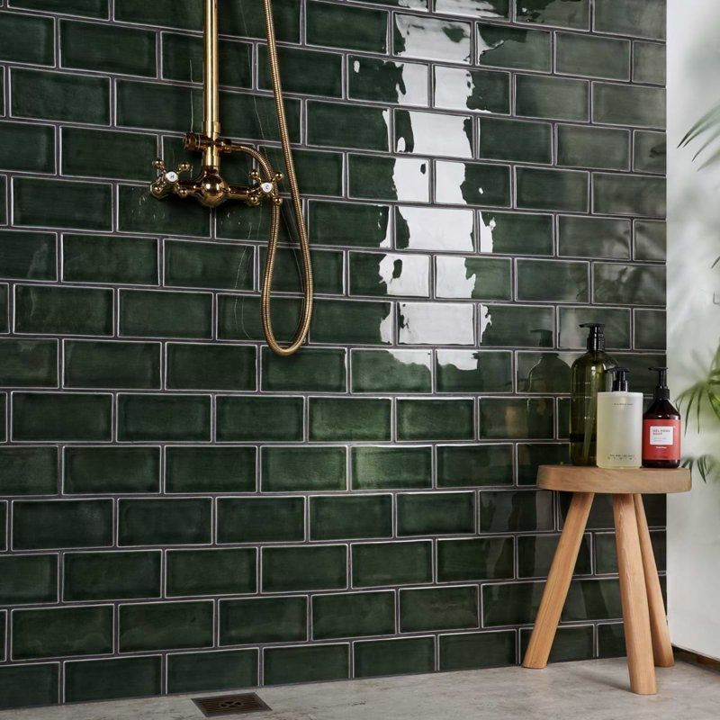 Nabi Subway 3X6 Crackled Glossy Glass Tile, Deep Emerald Green