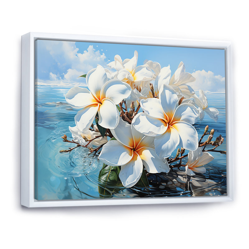 Golden Plumeria Radiance Flowers II sur toile, Cadre flottant blanc, H 34 po x l 44 po x P 1,5 po