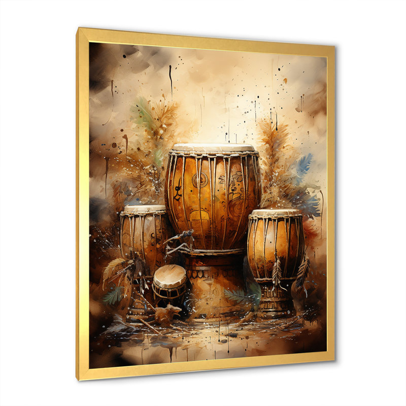 «Djembe Journey Earthy Umber I», reproduction sur toile, Cadre doré simple, H 40 po x l 30 po x P 1,5 po