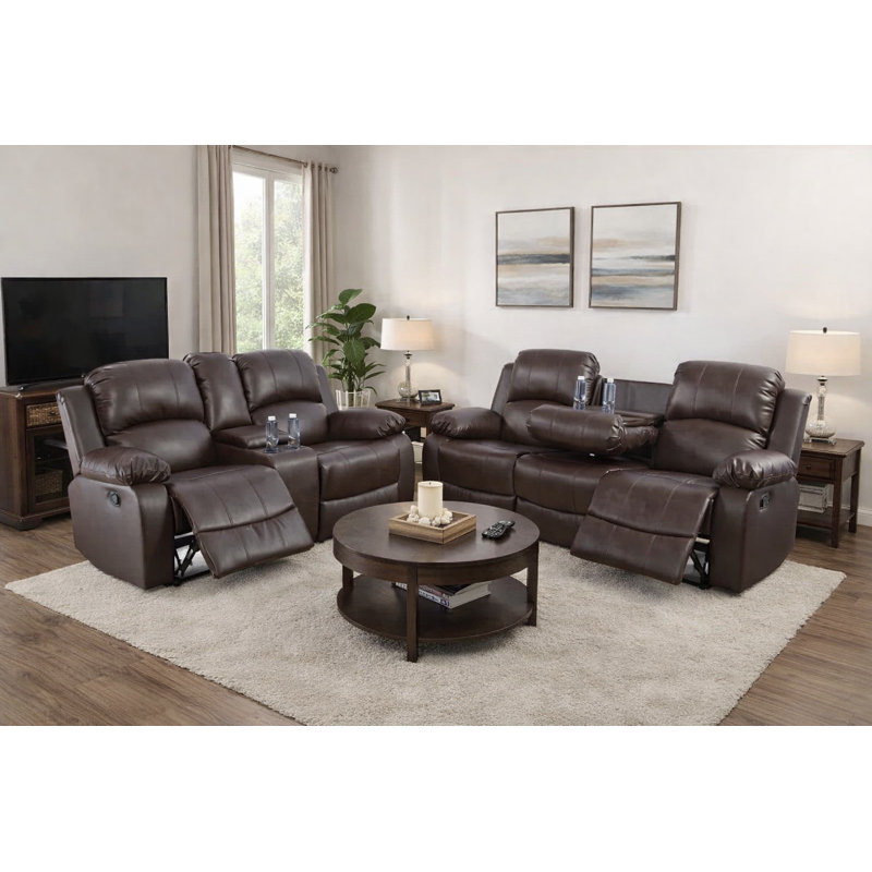 Tamey 2 Piece Faux Leather Manual Reclining Living Room Set with Pillow Top Arm, Middle Console, Cupholders (Set of 2)