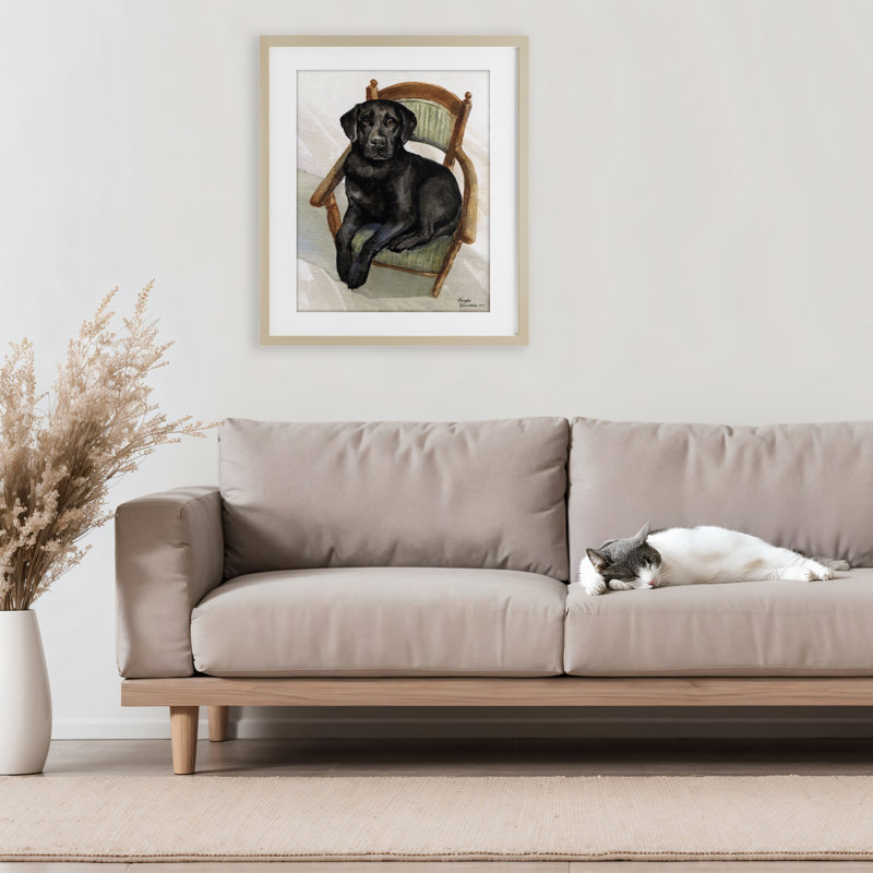 Labrador noir sur chaise, reproduction sous verre, conception de George Dyachenko, H 21 po x l 17 po
