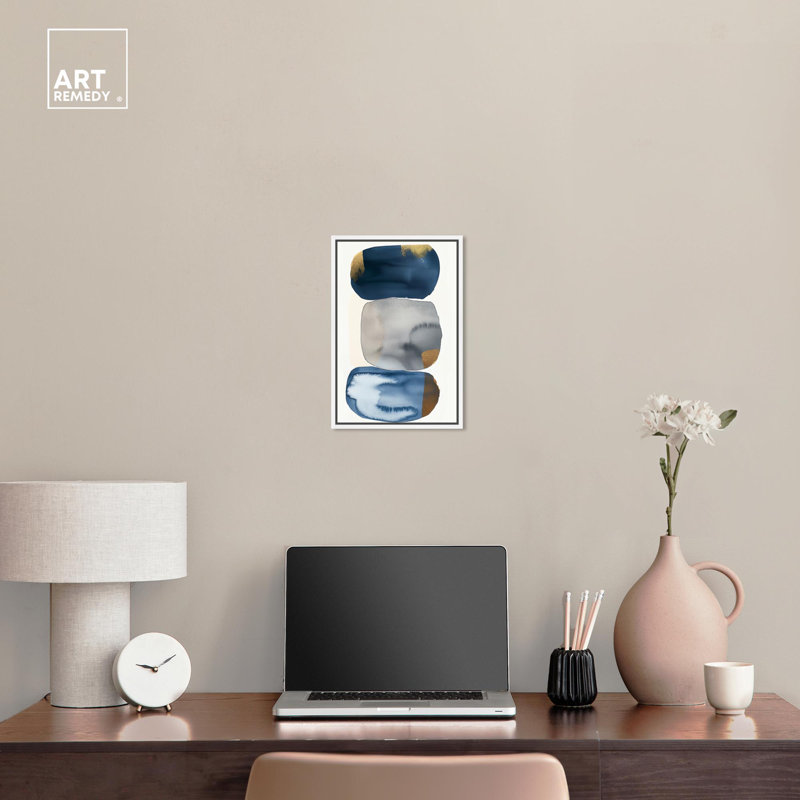 Blue and Gold Abstract Canvas Art with Wooden Frame
