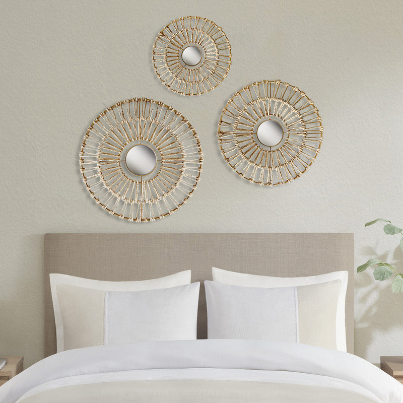 Gold Corn Husk Wrapped Round Decorative Mirror Set
