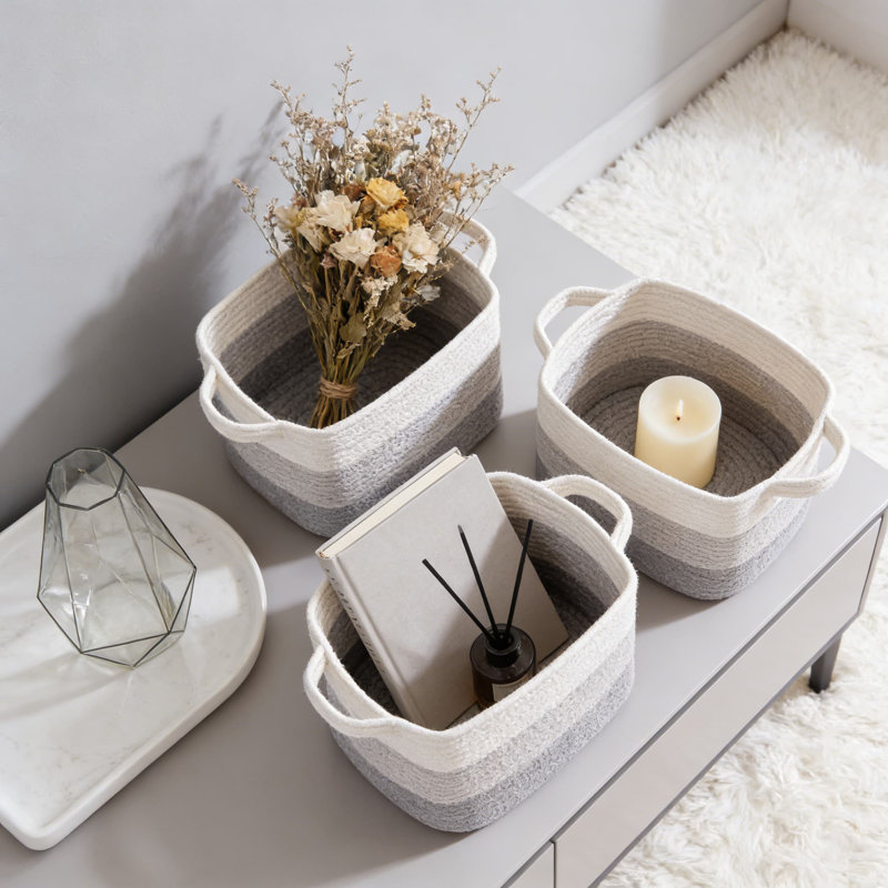 Woven Storage Baskets 3-Pack, Rectangular Decorative Organizer Bins For Shelves, Closet, Nursery, Handmade From Soft Natural Cotton Rope For Toys, Books, Clothes & Towels
