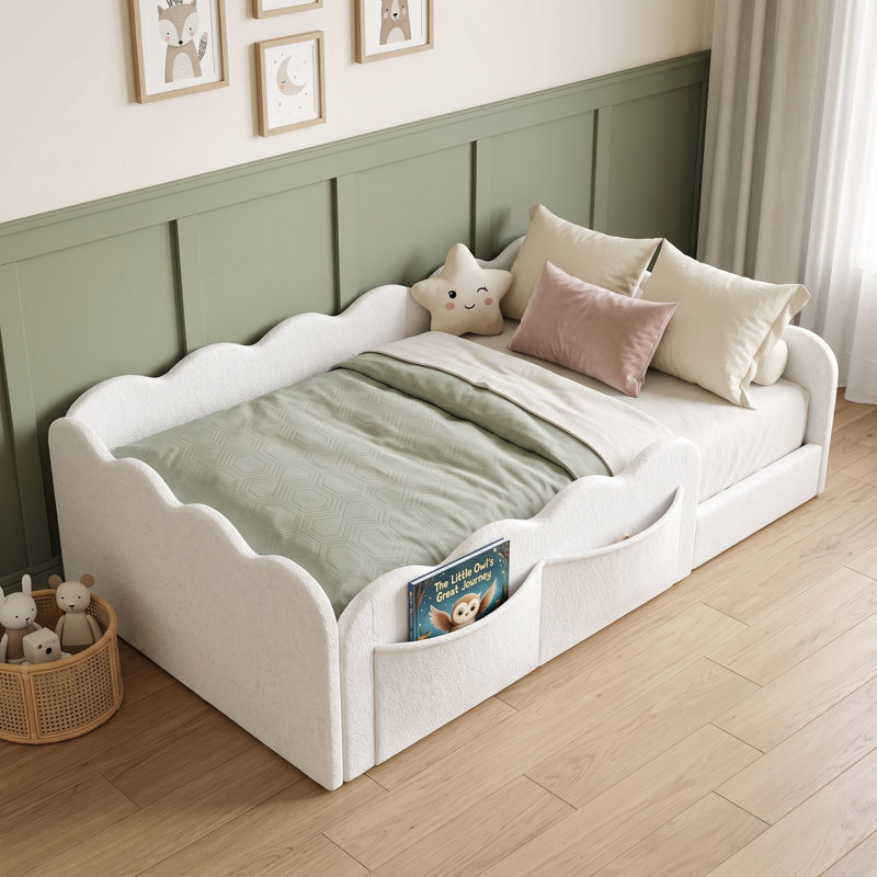Lit de plancher rembourré avec garde-corps ondulés et poches de rangement latérales, Lit double, White
