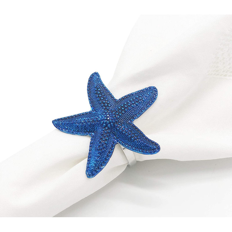 Ensemble de 4 rondelles de serviettes en métal Coastal Sea Creatures, Argent / bleu marine