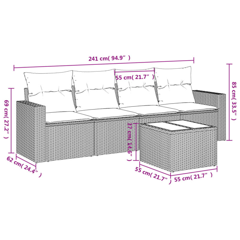 Ensemble de canapé de patio 5 pièces avec coussins en rotin de polyester, Rouge, Brun