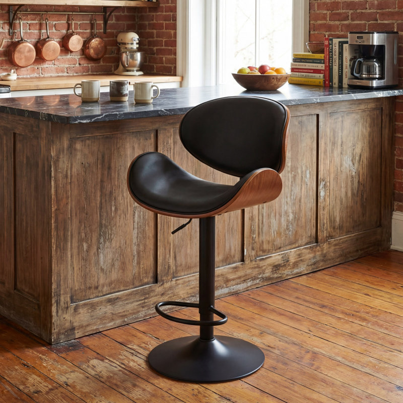 Tabourets de bar pivotants à hauteur réglable en cuir polyuréthane avec dossier en bois cintré pour le bar, la cuisine et la salle à manger