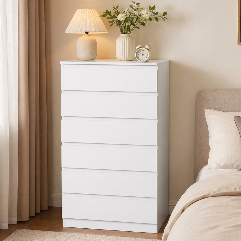 Commode moderne à 6 tiroirs, meuble de rangement haut pour chambre, salon, entrée, couloir, Blanc