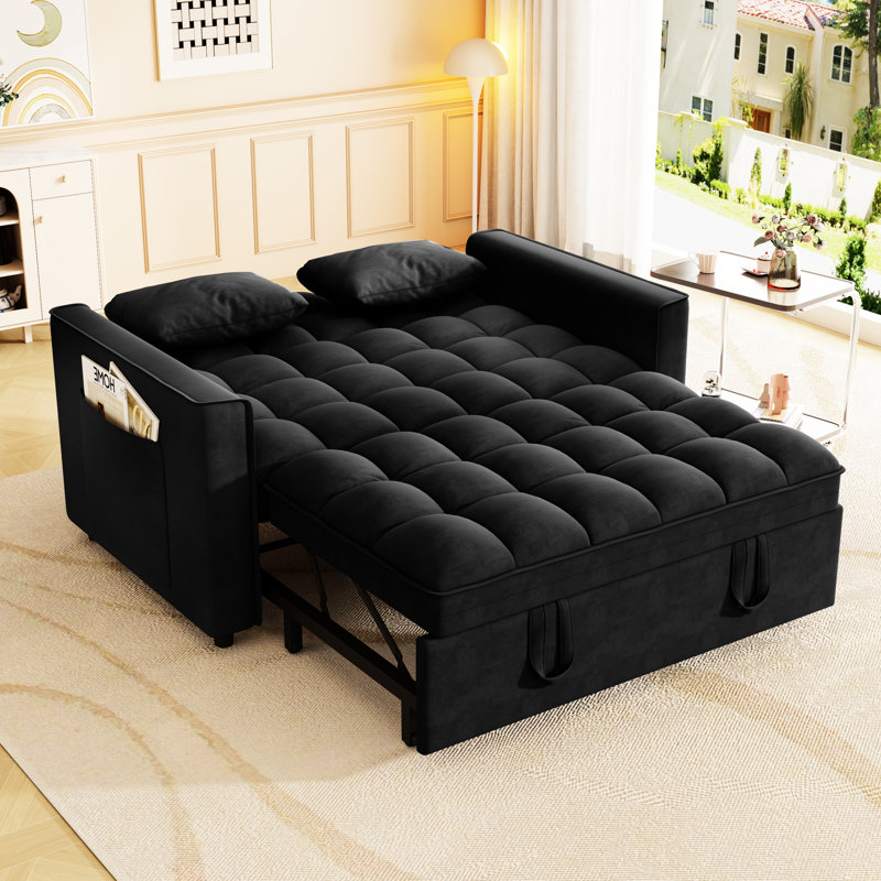 Petit espace - Lit à 2 places convenable, velours moderne, 3 angles inclinables, poches latérales coulissantes pour plus de commodité, noir avec matériau en velours, rangement, couleur