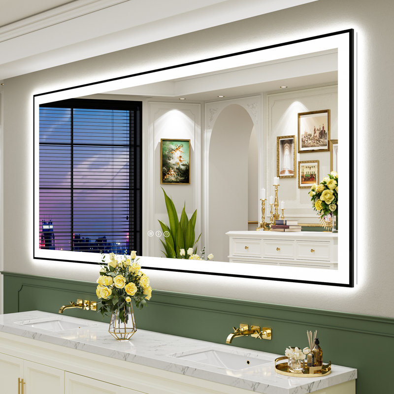 Tyeishia Matte Black Matel Framed LED Bathroom Mirror with Front-lit and Back-lit, Memory Function, 3 Color Temperatures & Dimmable Light, Anti-fog Tempered Glass