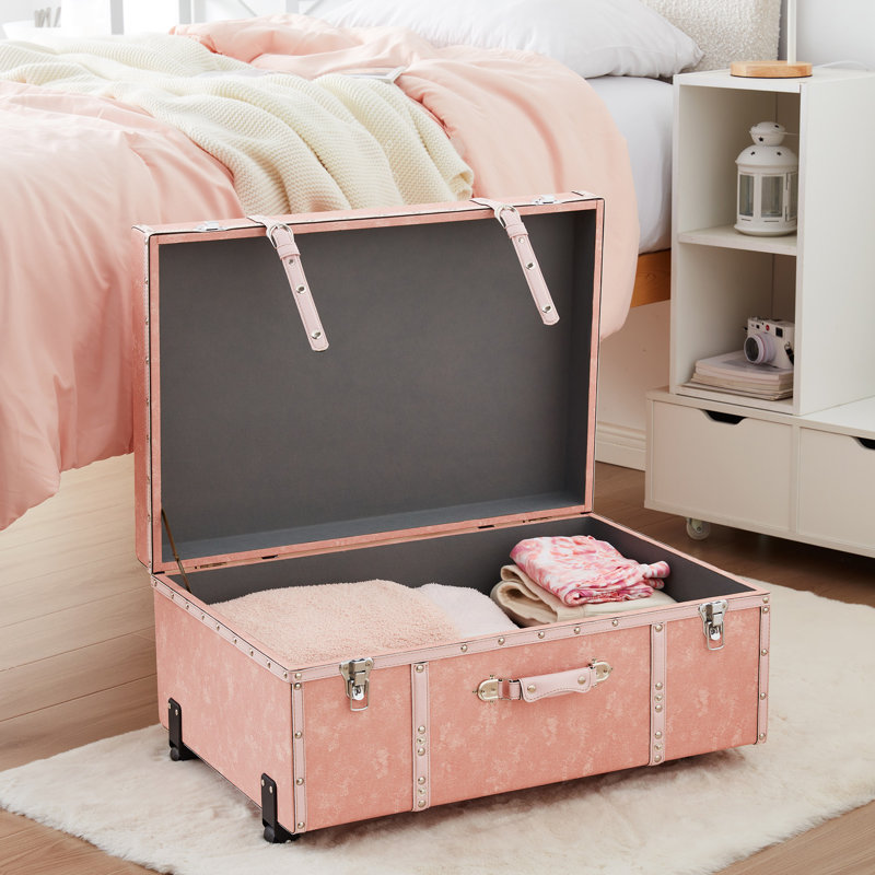 Coffre de rangement texturé avec roulettes - motif marbré, Jean rose