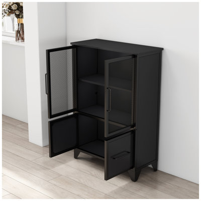 Industrial Black Metal Storage Cabinet with Adjustable Shelves & Iron Mesh Doors - Modern Freestanding Sideboard for Kitchen & Living Room