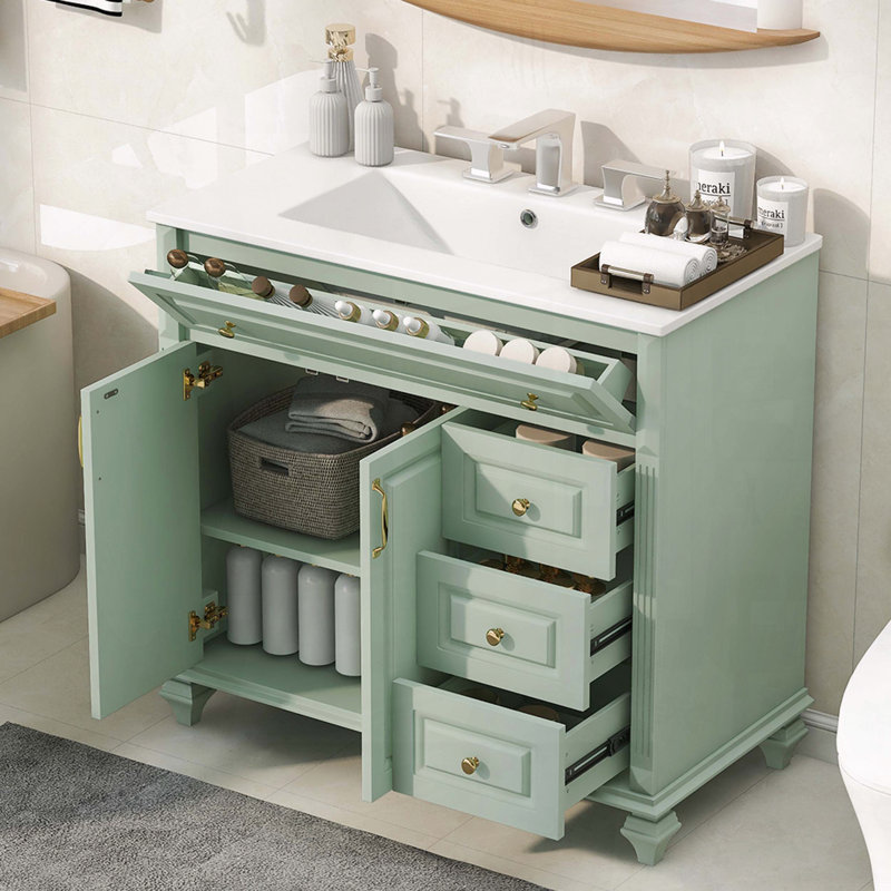 Meuble-lavabo en bois massif 36 po avec tiroir rabattable et poignées dorées 36 po