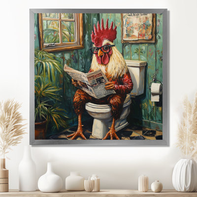 Kendalynn, coq lisant un journal dans la toilette I - coq, art mural