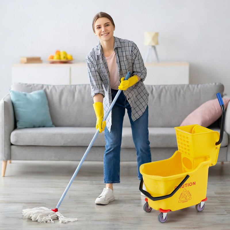 Heavy Duty 32L Kentucky Mop & Double Bucket Set - Large Rectangular Bucket with Wringer & Wheels - Commercial & Industrial Floor Cleaning for Warehouse, Hotel, School, Household - Blue