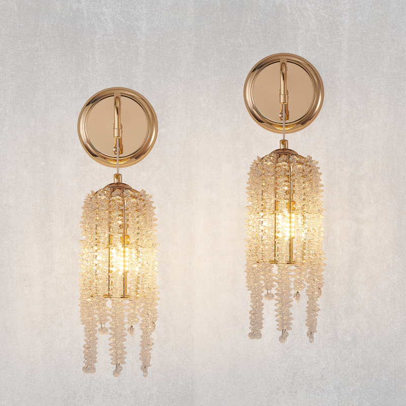 Ensemble de 2 appliques murales dorées avec guirlandes de perles en cristal, luminaires suspendus élégants, douille E12 (ampoules non incluses)