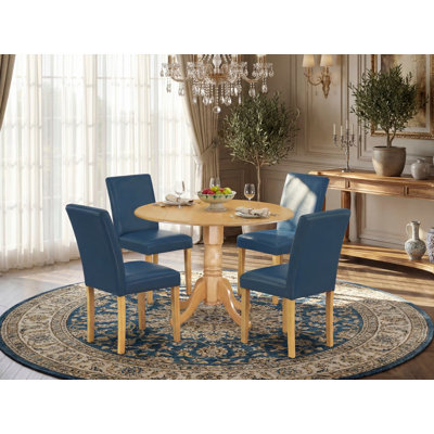 5 Piece Dining Room Furniture Set Includes a Round Dining Table with Dropleaf and 4 Oasis Blue Faux Leather Parsons Chairs, 42x42 Inch, Oak