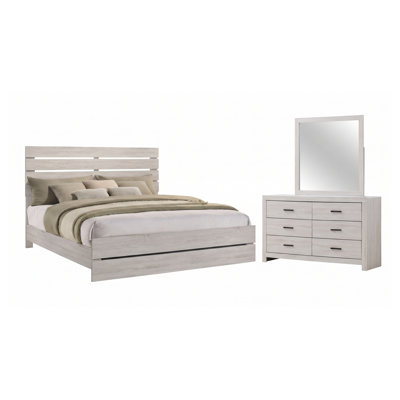 Ensemble de chambre à coucher Kingsley Coastal blanc, format King, 3 pièces, comprenant un lit à panneaux, une commode et un miroir.